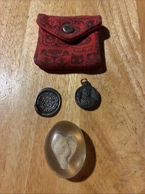 Red Patterned Fabric Coin Pouch with Religious Vintage Charms & 1 Pendant